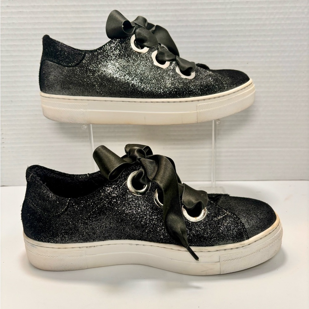 Northstar Black Glitter Platform Sneakers Satin Ribbon Laces - Picture 3 of 11